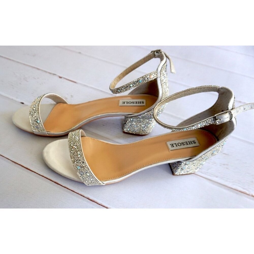 SheSole Open Toe Strappy Low Block Heel Bling Rhinestone Sandal - Size 42/ US 11